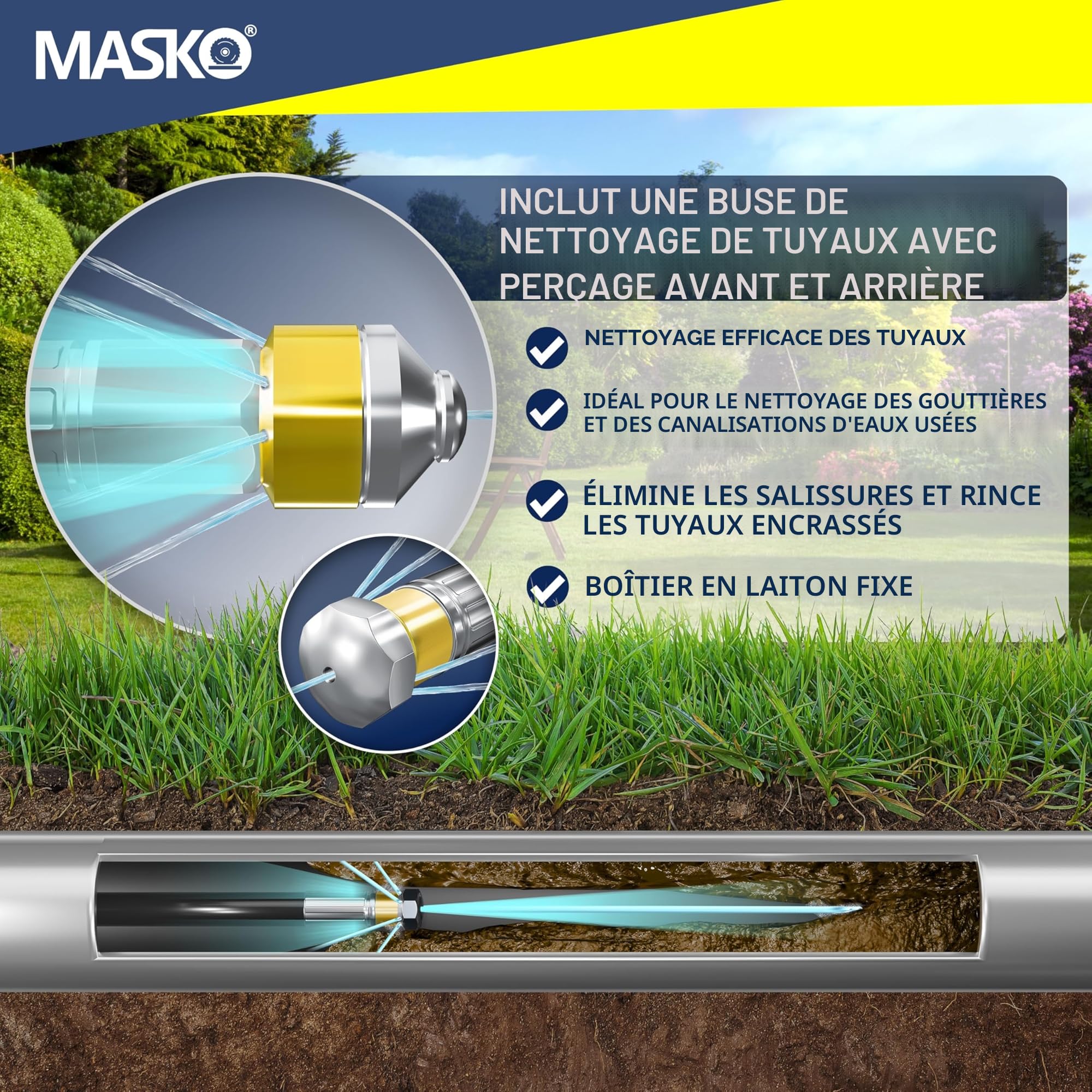 MASKO® Débouche canalisation premium Kit de débouchage 200 bars, sac 3 adaptateurs 2 buses + système rotatif inclus compatible avec le nettoyeur haute pression Kärcher k2-k7 LAVOR kit universel, 30m