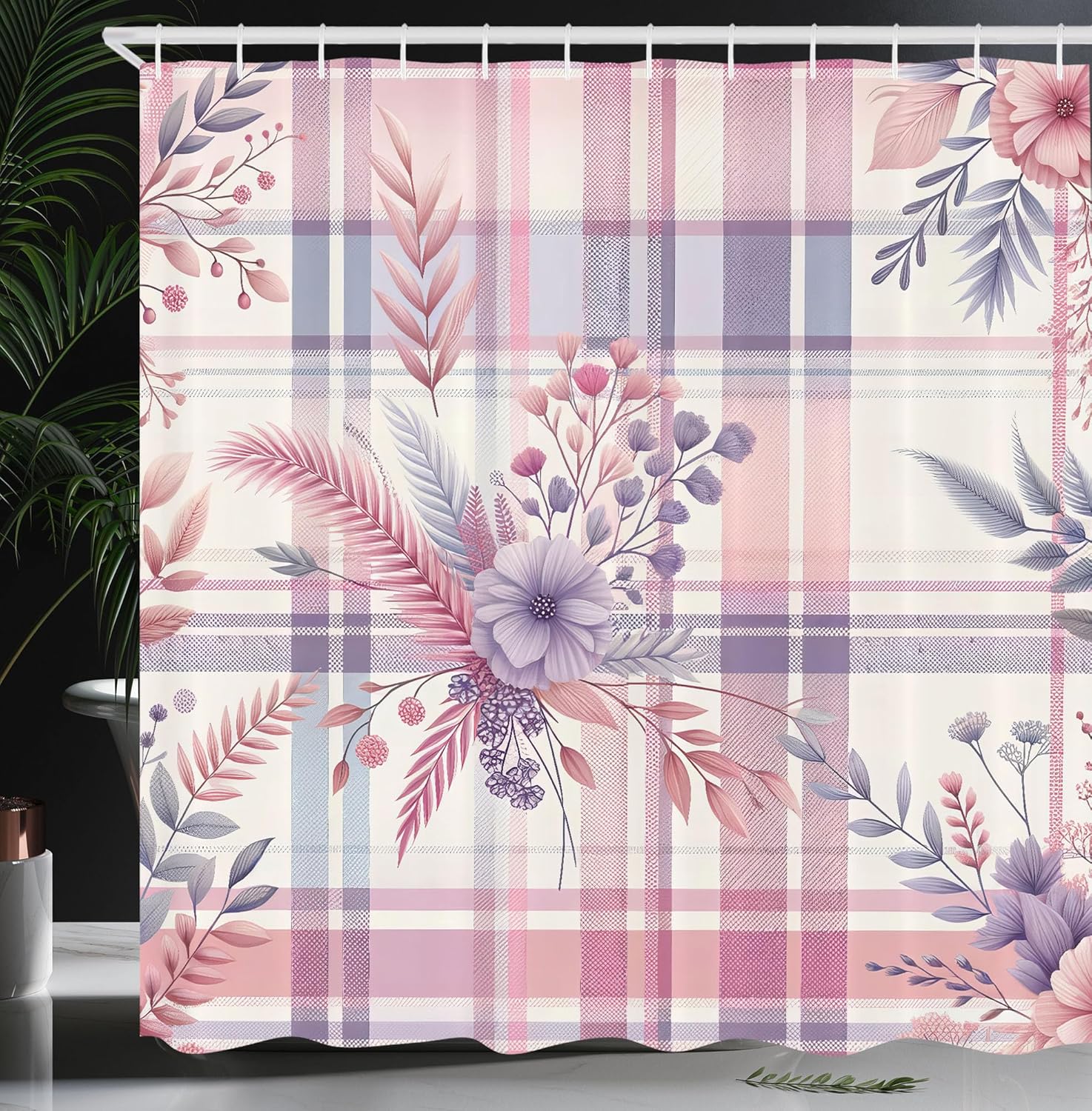 Ambesonne Pastel Plaid Shower Curtain, Vintage Floral Motif in Romantic Soft Colors Nostalgic Tartan Stripes, Cloth Fabric Bathroom Decor Set with Hooks, 69" W x 75" L, Lilac and Pale Pink