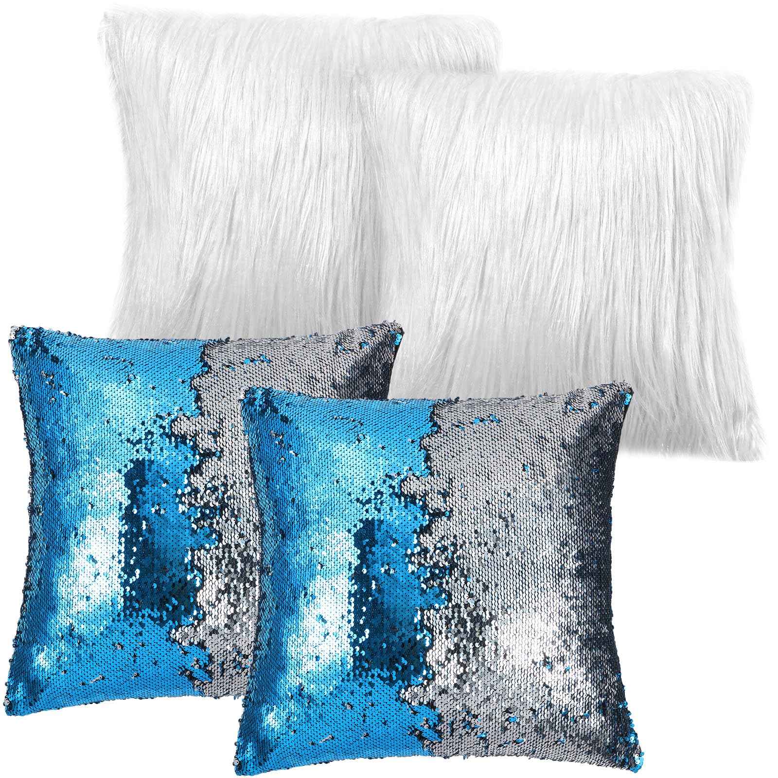 Irenare 4 Pcs Sequin and Fluffy Pillow Covers Winter Throw Pillow Cases Soft Cushion Cover for Couch Bed Sofa Xmas Day(18 x 18 Inch,White, Silver-Blue