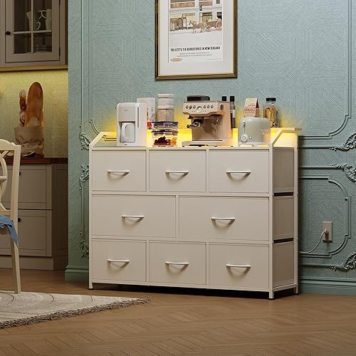 Miniatura 7 de WLIVE Cómoda LED para dormitorio, soporte de TV blanco para dormitorio con luces LED y toma de corriente, cómoda ancha para pasillo, 8 cajones de