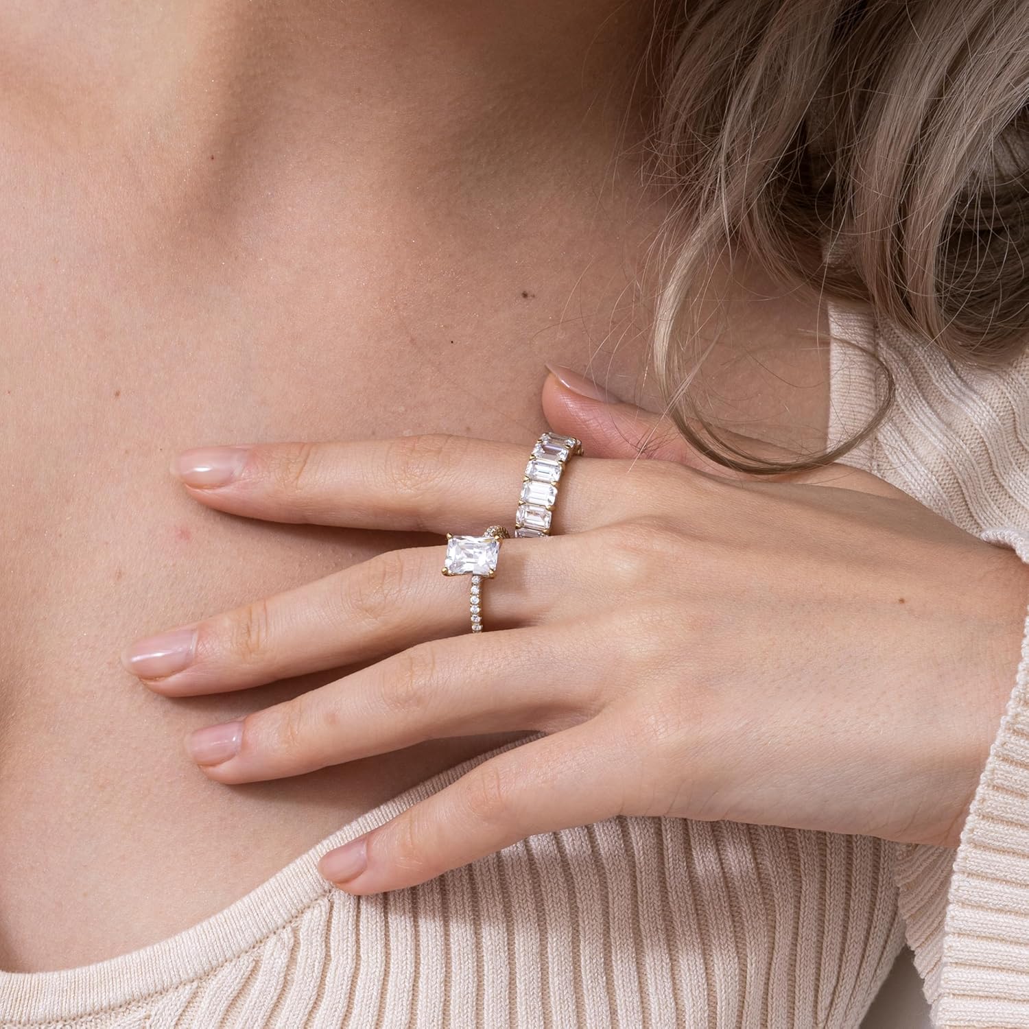 Marilyn Monroe Eternity Ring For Women 14K Yellow Gold, Rose Gold, Platinum Plated 925 Sterling Silver Infinity Band | 10.30 Carats Emerald Cut Cubic Zirconia CZ Diamond Stimulant