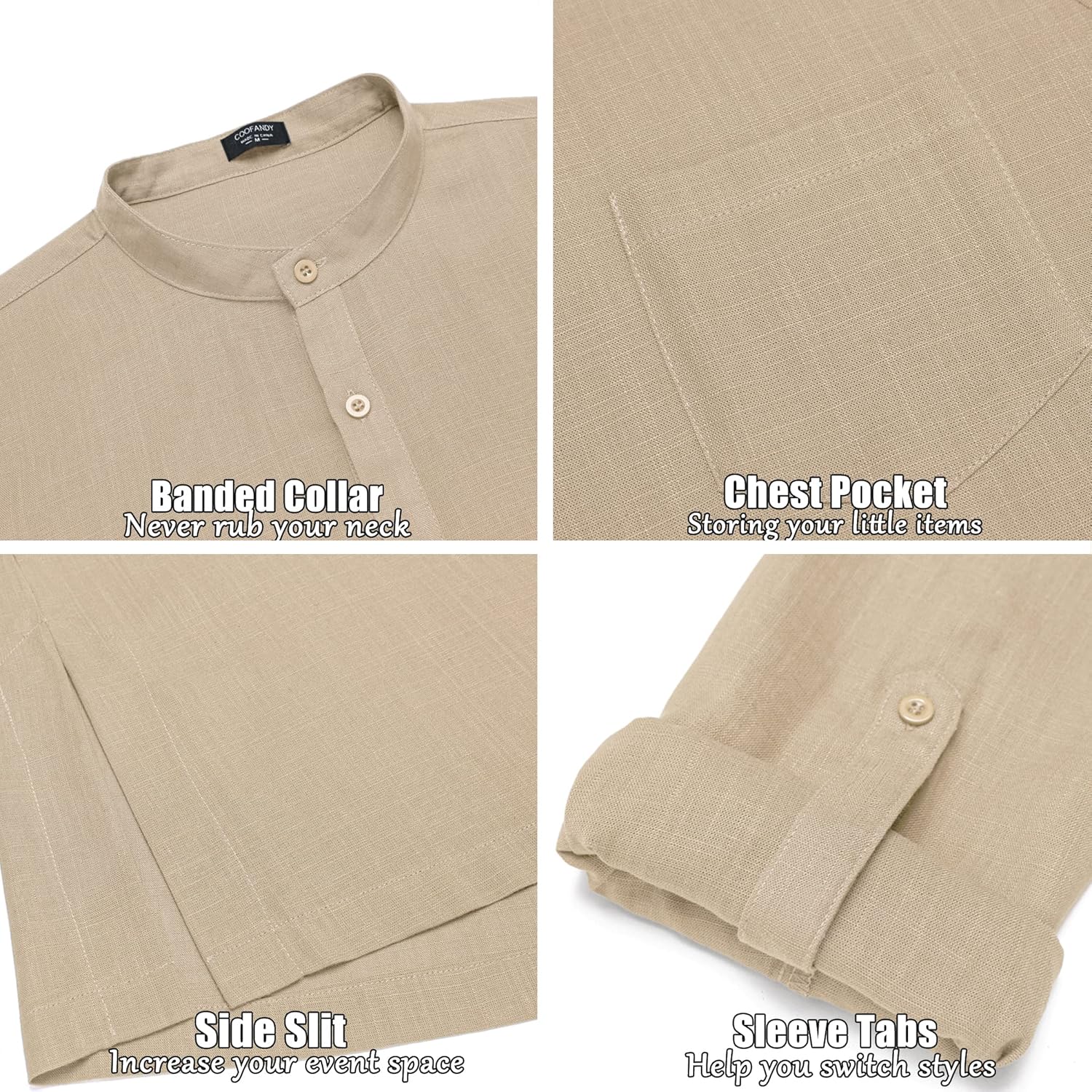 COOFANDY Men's Linen Henley Shirts Long Sleeve Collarless T-Shirts Longline Kurta Beach Shirts with Pocket - Image 6