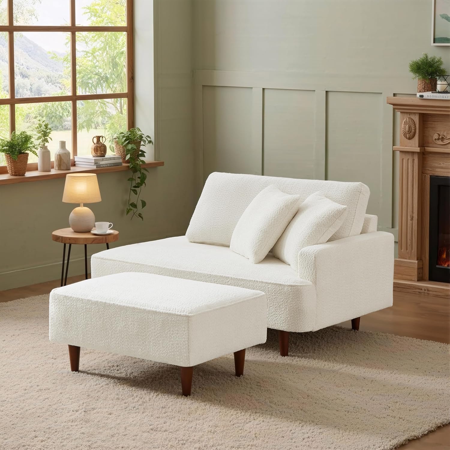 KEIKI 72" Chaise Lounge for Small Spaces, Indoor Boucle Upholstered Chaise Chair with Ottoman, Right-Hand Facing Reading Lounge for Bedroom or Living Room, White