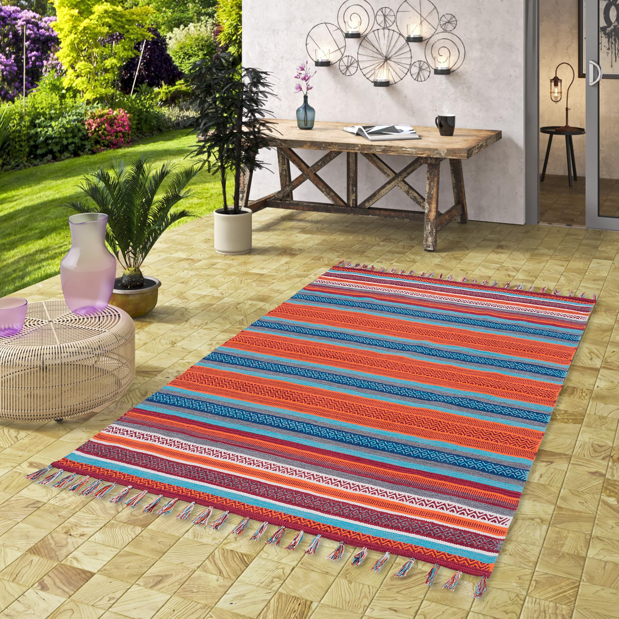 Pergamon Tapis Kilim en Coton tissé à la Main Grace - Multicolore Turquoise Terre Cuite - Tapis Facile d'entretien et Durable - Idéal pour Le Salon, Le Couloir et la Cuisine - Tapis Naturel Durable