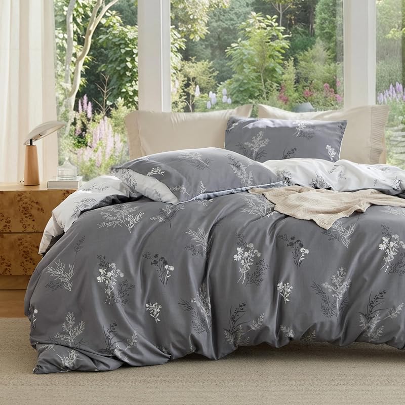 Duvet Cover Queen Size - Reversible Floral Duvet Cover Set with Zipper Closure, 3 Pieces Grey Bedding Set with 8 Corner Ties and 2 Pillowcases 20"x26"