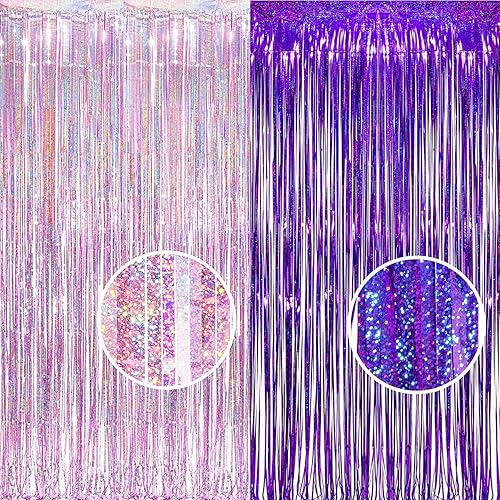 BRAVESHINE 1 Morado 1 Rosa Telón de Fondo de Fiesta de Serpentinas - 3.2 pies x 8.2 pies Cortinas de Flecos de Oropel Metálico para