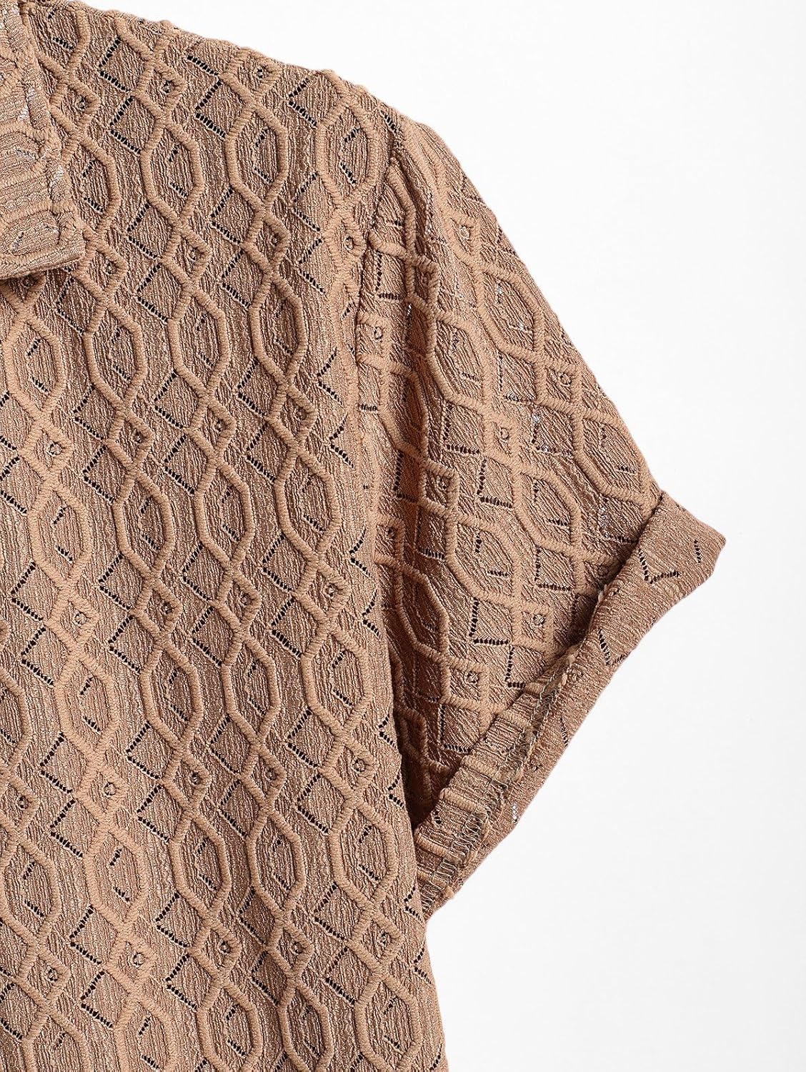 Men's Argyle Openwork Jacquard Polo Shirt – Breathable Half Button Summer Knit T-Shirt - Image 4