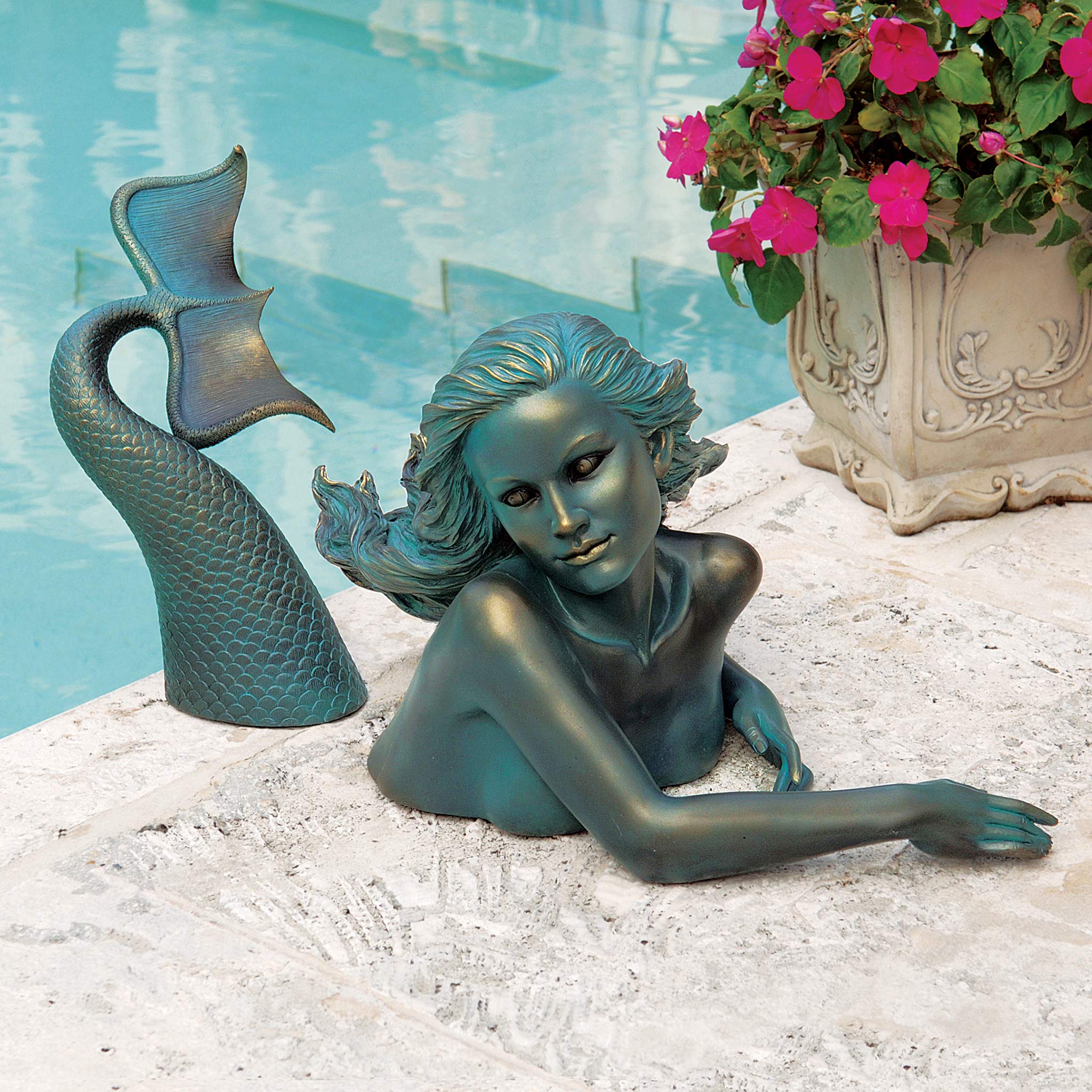 Design Toscano DB383047 Meara the Mermaid Swimmer Outdoor Garden Statue, 16 Inch, Green Verdigris