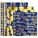 WRAPAHOLIC Birthday Wrapping Paper Roll - Mini Roll - 3 Rolls - 17 inch X 120 inch Per roll - Blue and Gold Foil Design for Party, Holiday, Baby Shower