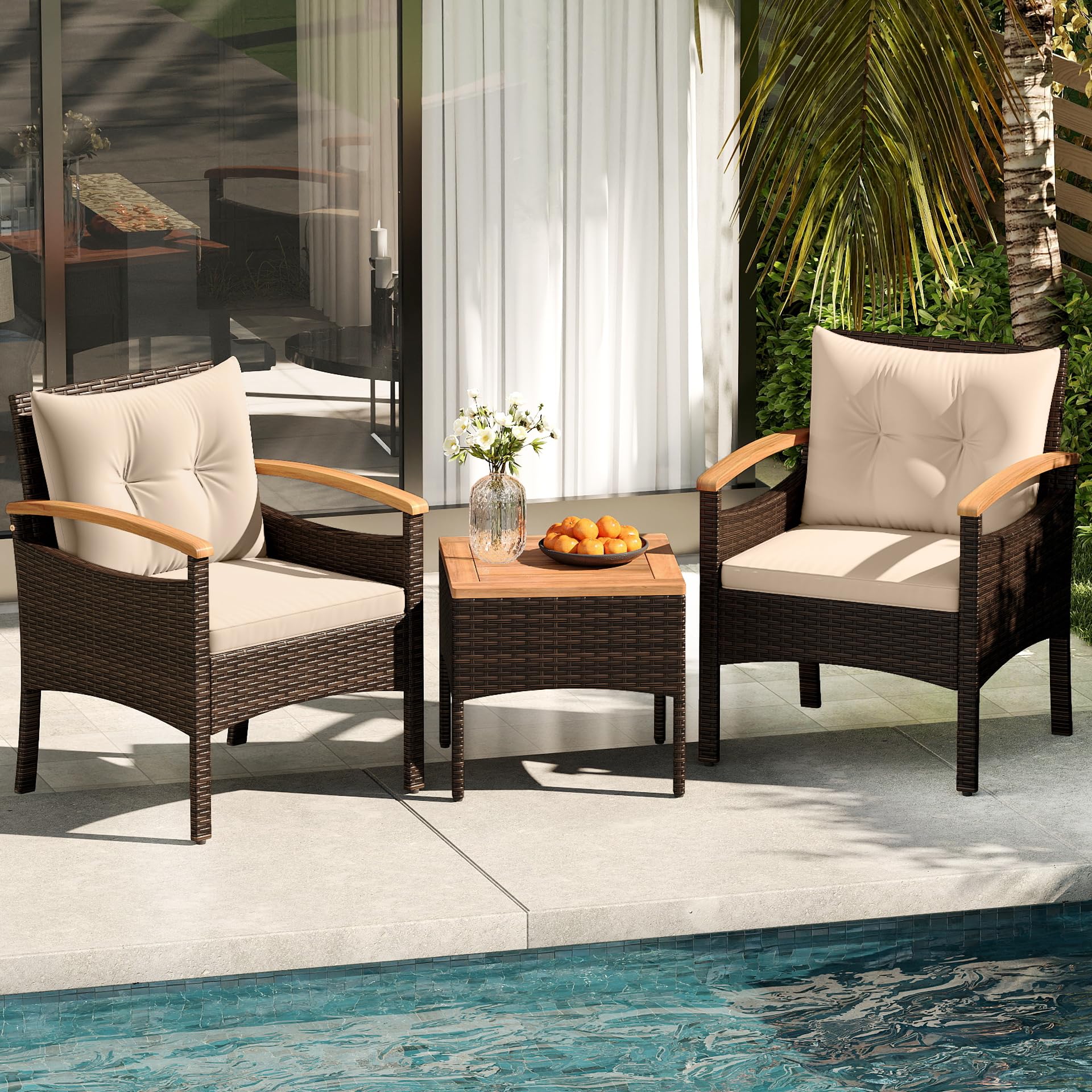SOARS Salón de Jardín 3 Piezas, 2 Sillones de Ratán PE, Mesa de centro con bandeja de madera de acacia, Cojines acolchados extraíbles, Almohada Lumbar, Muebles para Patio, Terraza (Marr+Beige)