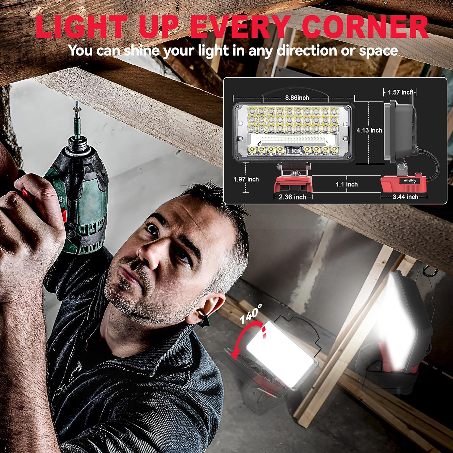 Cordless LED Work Light Compatible with Milwaukee 18V Battery - Flood Construction Light Emergency Portable for Work Shop | Car Repair | Outdoor - 145W 14500Lumen with USB & Type-C Charging - Image 5