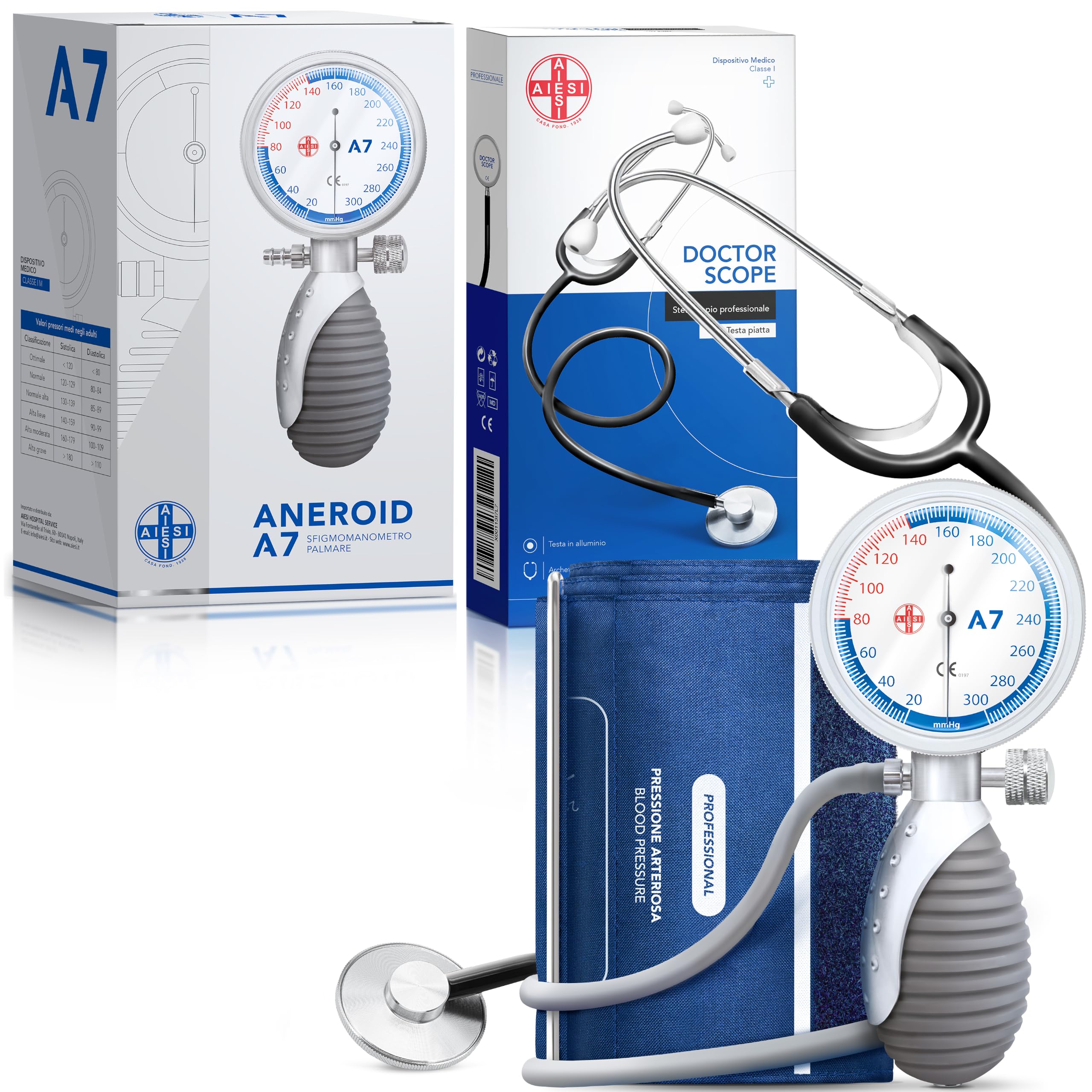 AIESI® Tensiomètre Manuel avec Stéthoscope Manomètre Mécanique sans mercure modèle A7, pour adultes, Garantie 24 mois