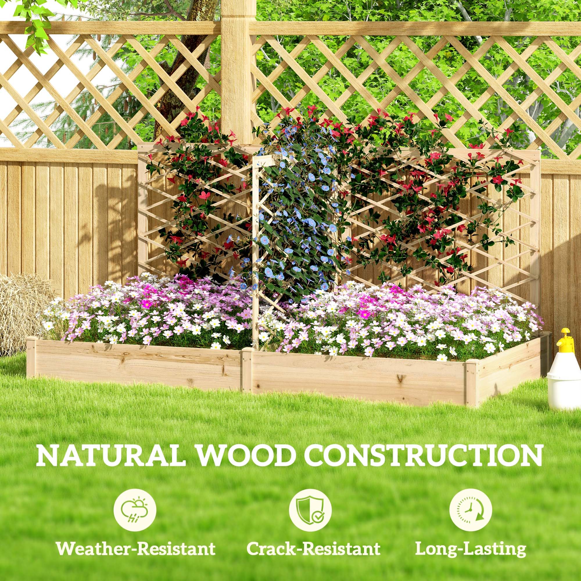 Outsunny Fioriera esterna con traliccio 222x114x109 cm Finto legno | Con 3 tralicci regolabili, aiuola rialzata, cassetta di legno per fiori, per balcone terrazzo patio.