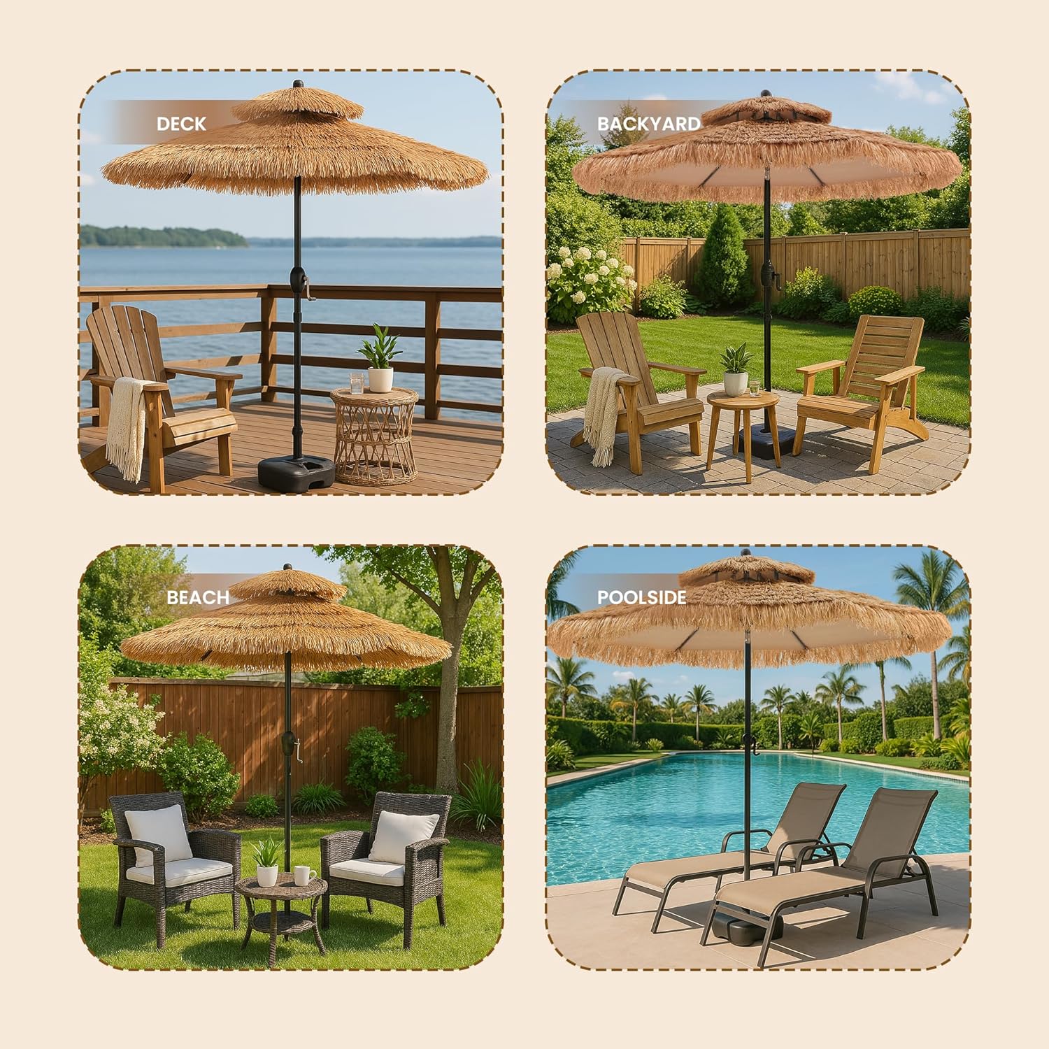 COSIEST 10FT Tiki Umbrella Outdoor Patio Hawaiian Thatched Shade With 8 Ribs Tilt Adjustment for Garden Pool Backyard Beach