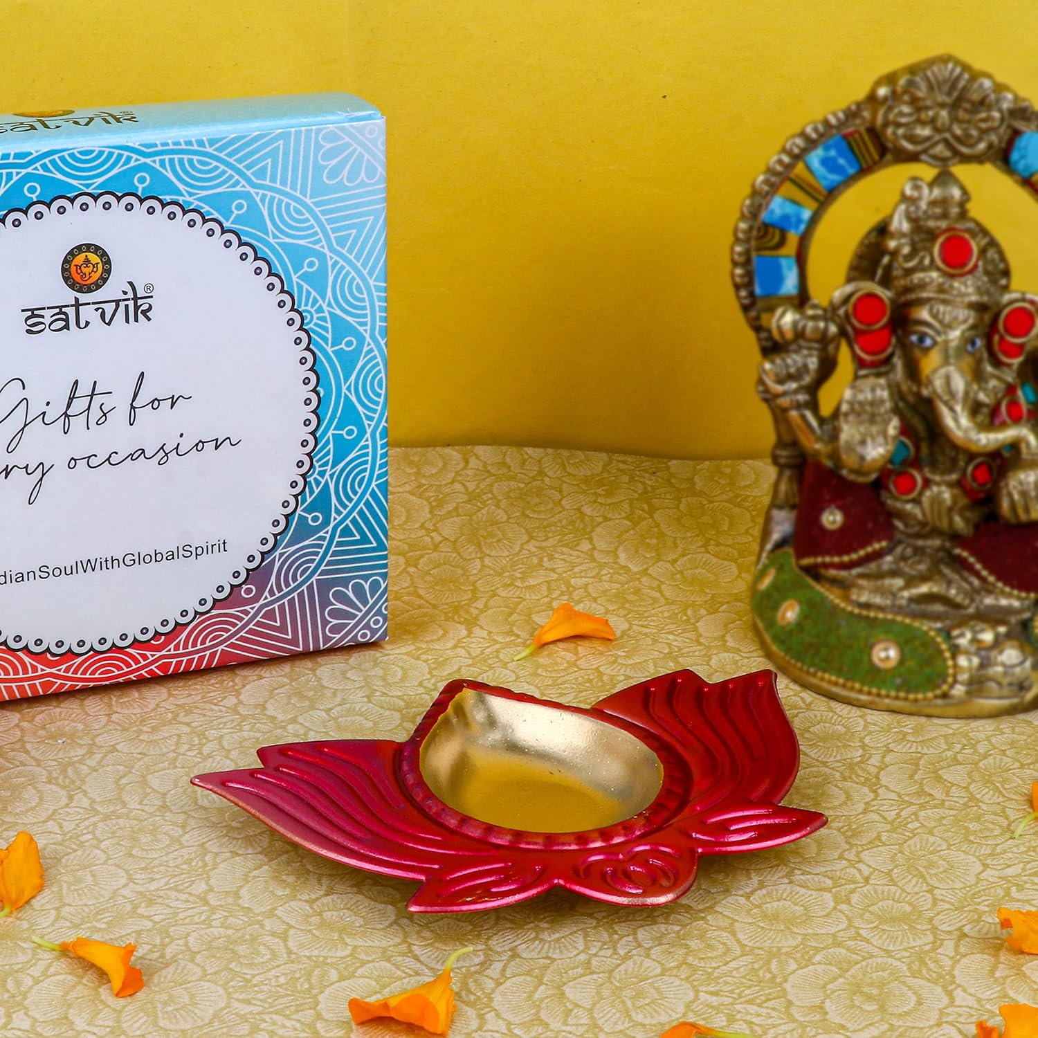 SATVIK 6 Pc Multicolor Lotus Shape Diya Floral Metal Dia Festive Diwali Pooja Pujan Candle Tea Light Holder Flower Petal Oil Lamp Home Mandir Office Decoration Table Diya Housewarming Return Gift Item