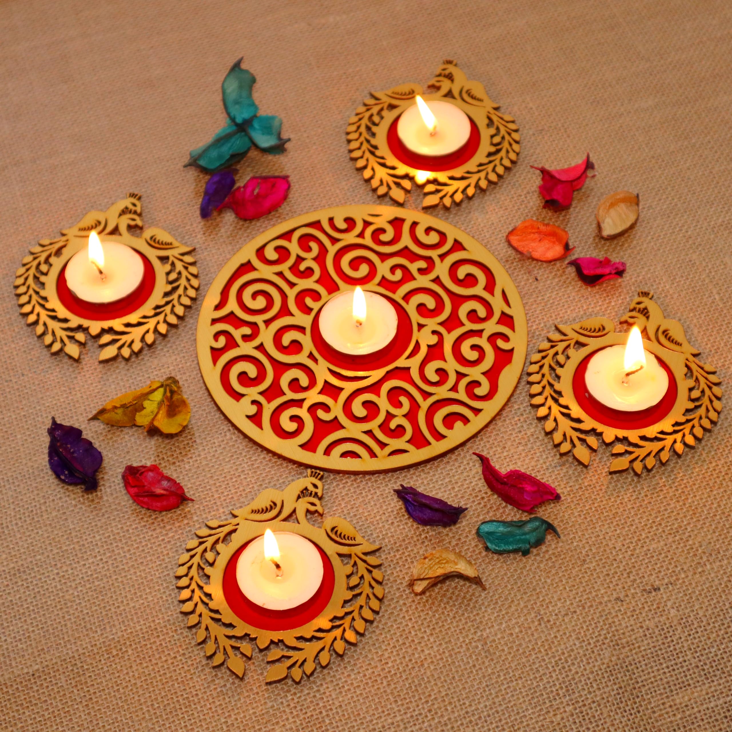 Saudeep India MDF Wood Readymade Circle Rangoli Set with Tealights | Decorative Tea Light Candle Holder for Home Decor | Traditional Festive Decoration & Corporate Gift Item for Festivals