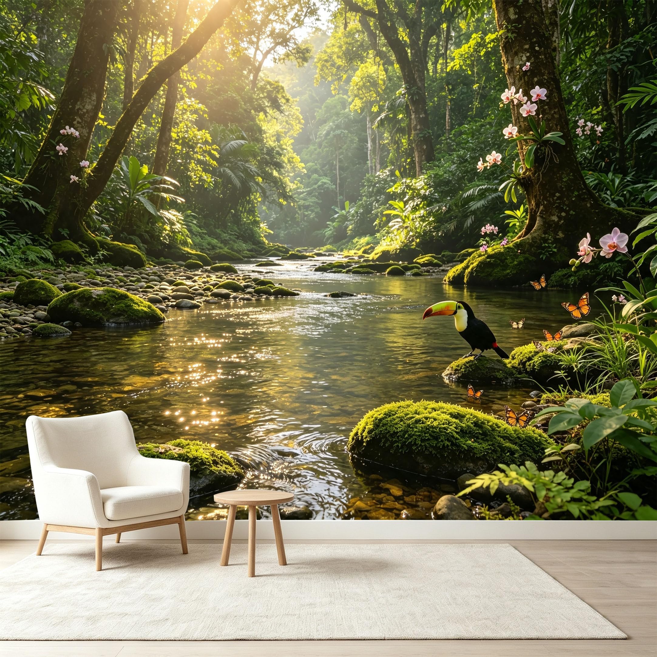 Custom Size Wall Murals Tropical Jungle Rainforest River Toucan Orchid Butterfly Botanical Self-Adhesive Wall Fabric Removable Wallpaper Wall Decor for Living Room Bedroom Bathroom
