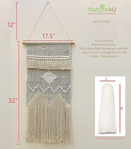 Miniatura 3 de NATURE4U Decoración tejida para colgar en la pared, decoración bohemia geométrica beige hecha a mano con flecos y borlas, elegante apartamento,