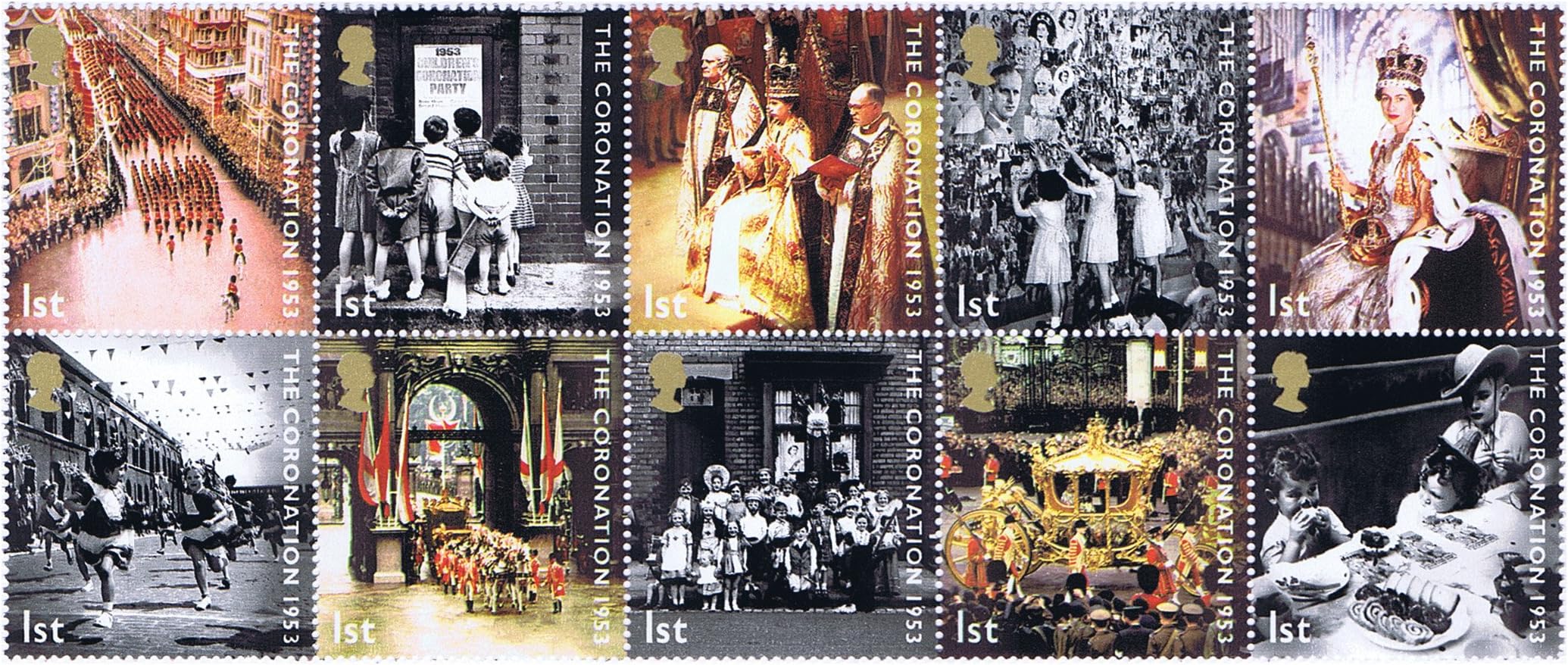 10 x 1st Class Royal Mail mint postage stamps marking 50th Anniversary of the Coronation of Queen Elizabeth II