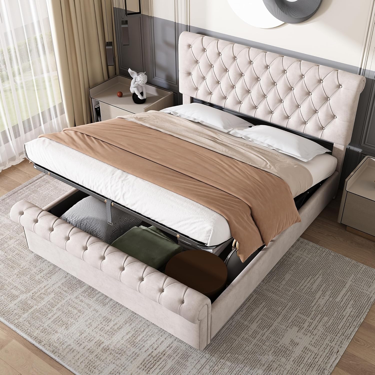 Merax Ottoman Storage Bed Upholstered Double Bed Luxurious Velvet