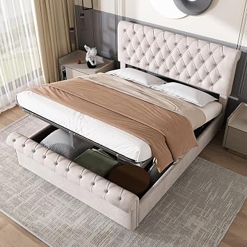 Merax King Size Bed with Hydraulic Storage, 5FT Ottoman Storage Bed Frame, with Button-Tufted Sleigh, Wooden Slats, Velvet Fabric No Mattress, Beige+Velvet/150CM*200CM
