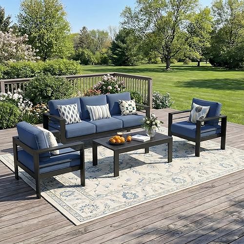 Solaste Aluminum Outdoor Patio Furniture Set, 5 Seats Patio Sectional Sofa with 5" Thick Cushion, Outdoor Patio Set with Coffee Table for Porch, Backyard, Deck, Yard, Blue