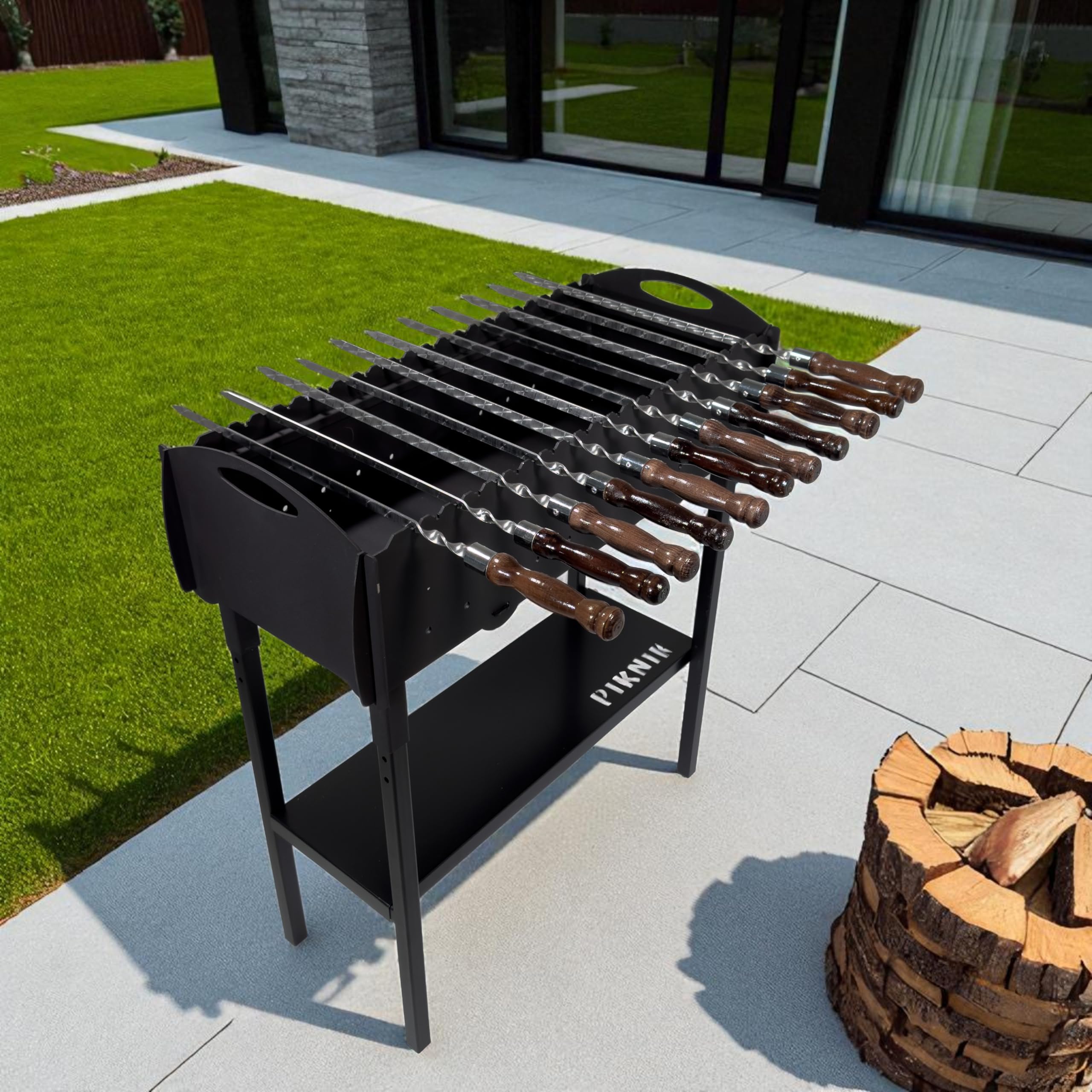 Gartengrill | Schaschlikgrill für 21 Spieße – Massiver Holzkohlegrill aus 3 mm Stahl, zerlegbar & kompakt verstaubar, stationärer Metallgrill für Garten, Terrasse & Outdoor BBQ
