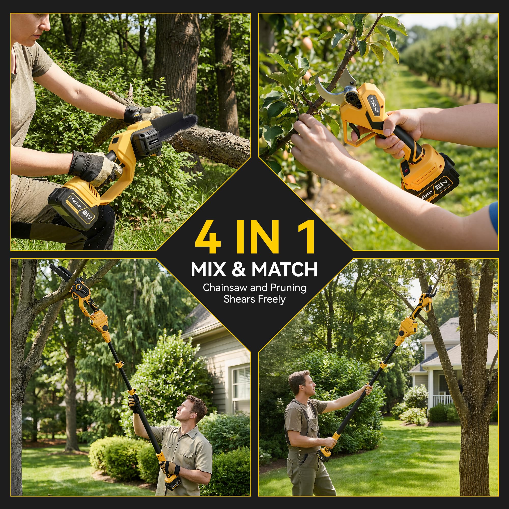 4 in 1 Kettensäge mit Teleskopstange,Elektrische Astschere,8 Zoll Akku gartengeräte und 40mm Gartenschere 180-Grad,30 ml Öltank,bürstenlos Motor Gartenwerkzeug 2,3M (2 * 4000mAh Batterien) | 2 * 4000mAh Batterien