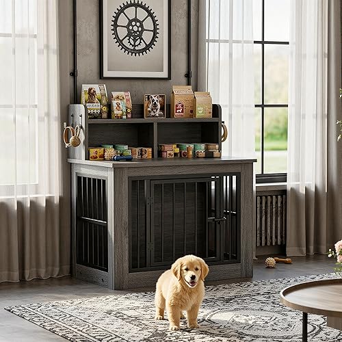 Vista 26 de IRONCK Mueble de jaula extragrande para perros, jaula de madera de 43.3 pulgadas con almacenamiento y 4 ganchos, jaula resistente para perros