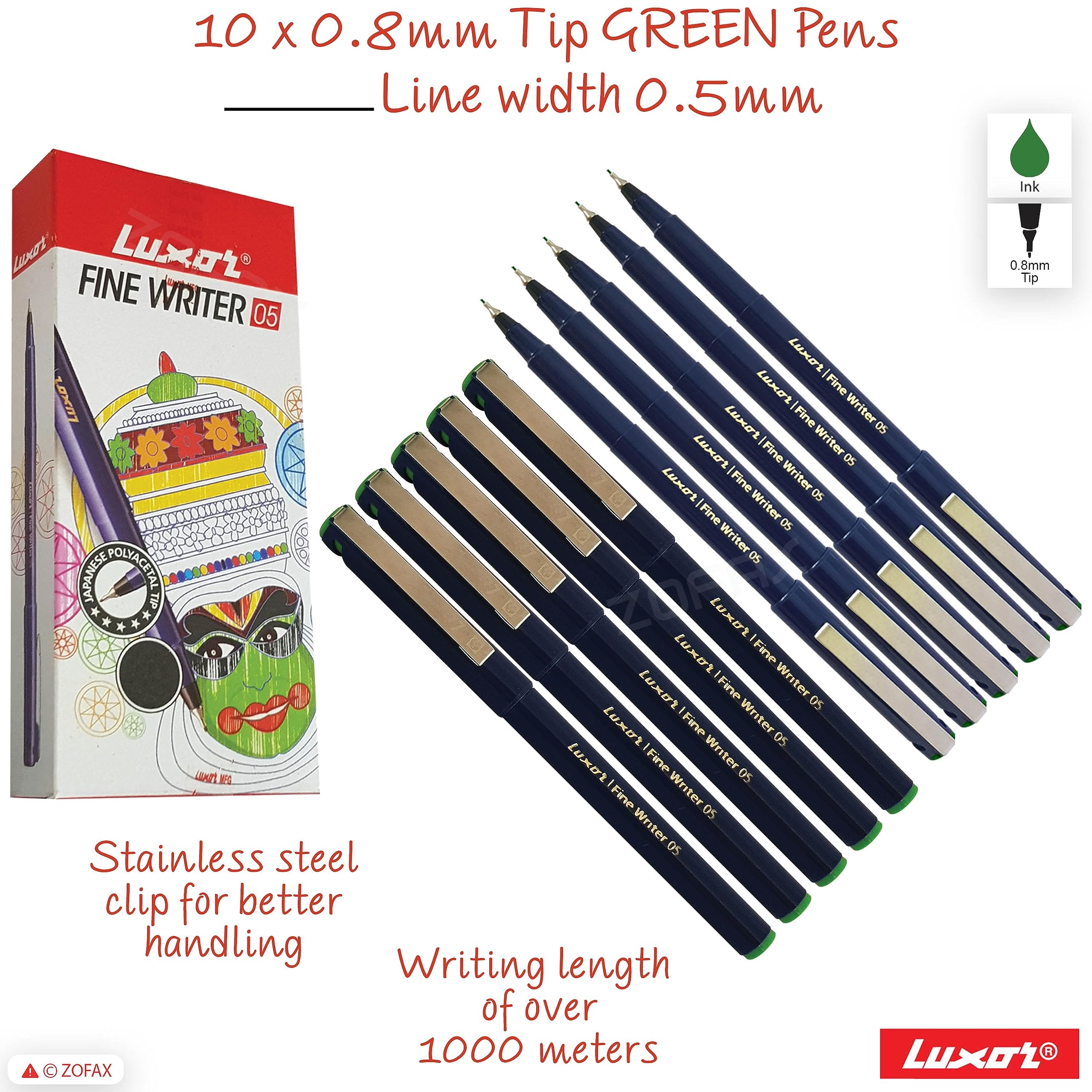 Write05 Fineliner Pens, GREEN, 0.5mm Ultra Fine Tip, Pack of 10, Precise Writing, Write Sign Draw Colour Pens - Image 2