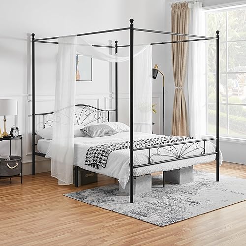 Topeakmart Base de colchón con plataforma metálica con dosel de cuatro pósteres con cabecera arqueada y estribo, listones sólidos, necesita somier,