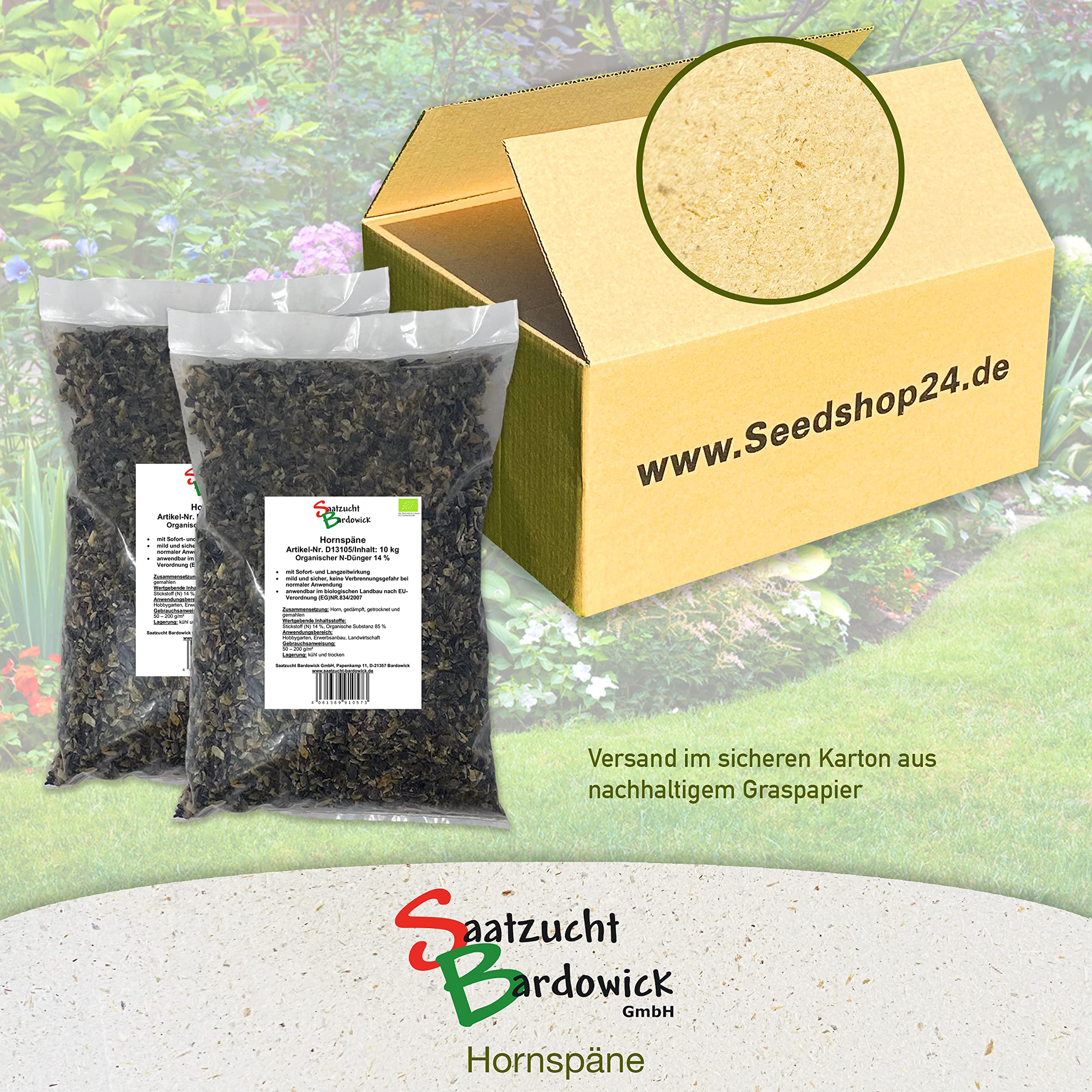 Saatzucht Bardowick Hornspäne Naturdünger 20 kg, 100% natürlicher Dünger mit 14% Stickstoff für Gemüse- und Ziergarten, Natürlicher Stickstoffdünger und Gartendünger mit Langzeitwirkung