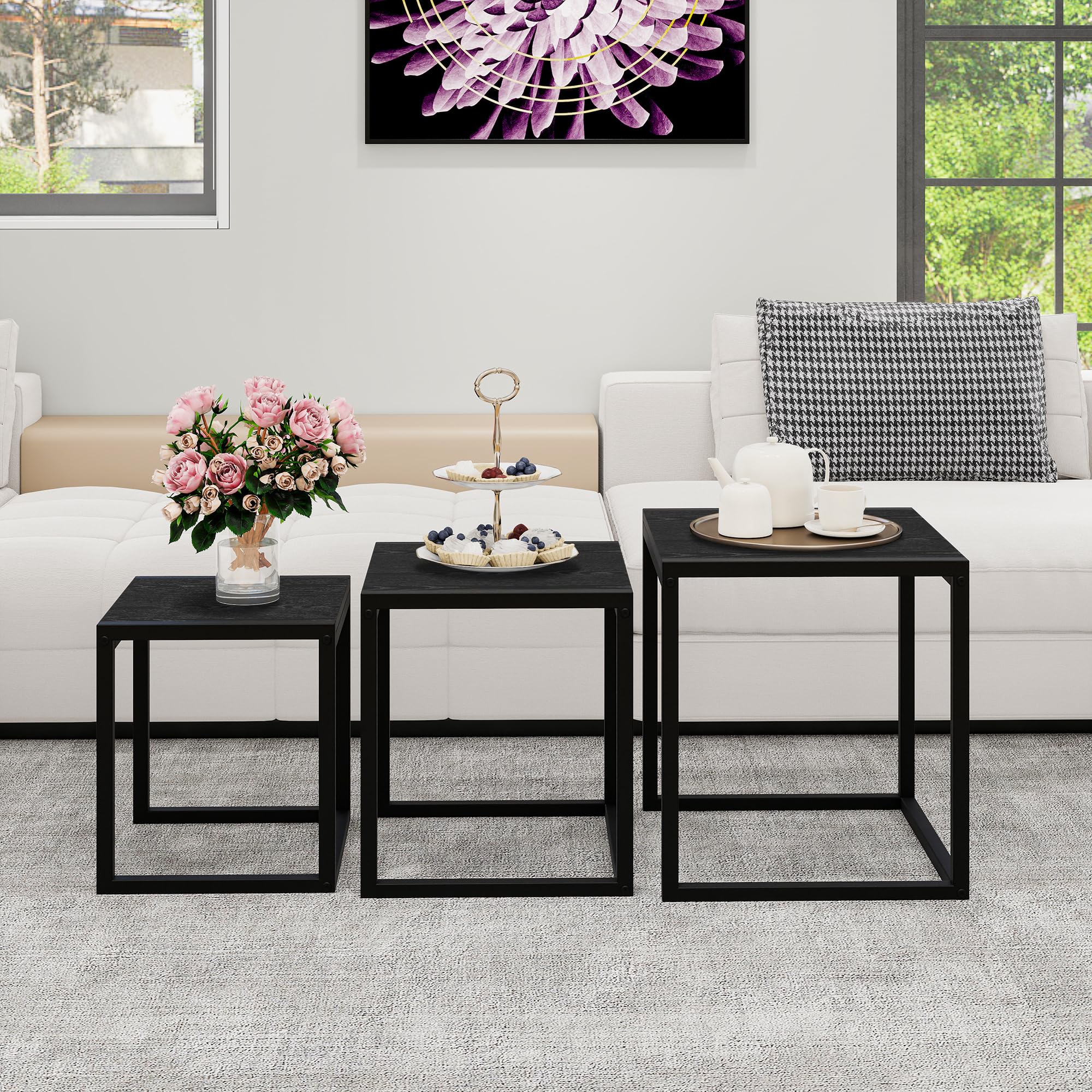 HAHRIR Nesting Table Set of 3 Side Wooden Tables, Square End Tables，Coffee Table with Metal Frame (Black)