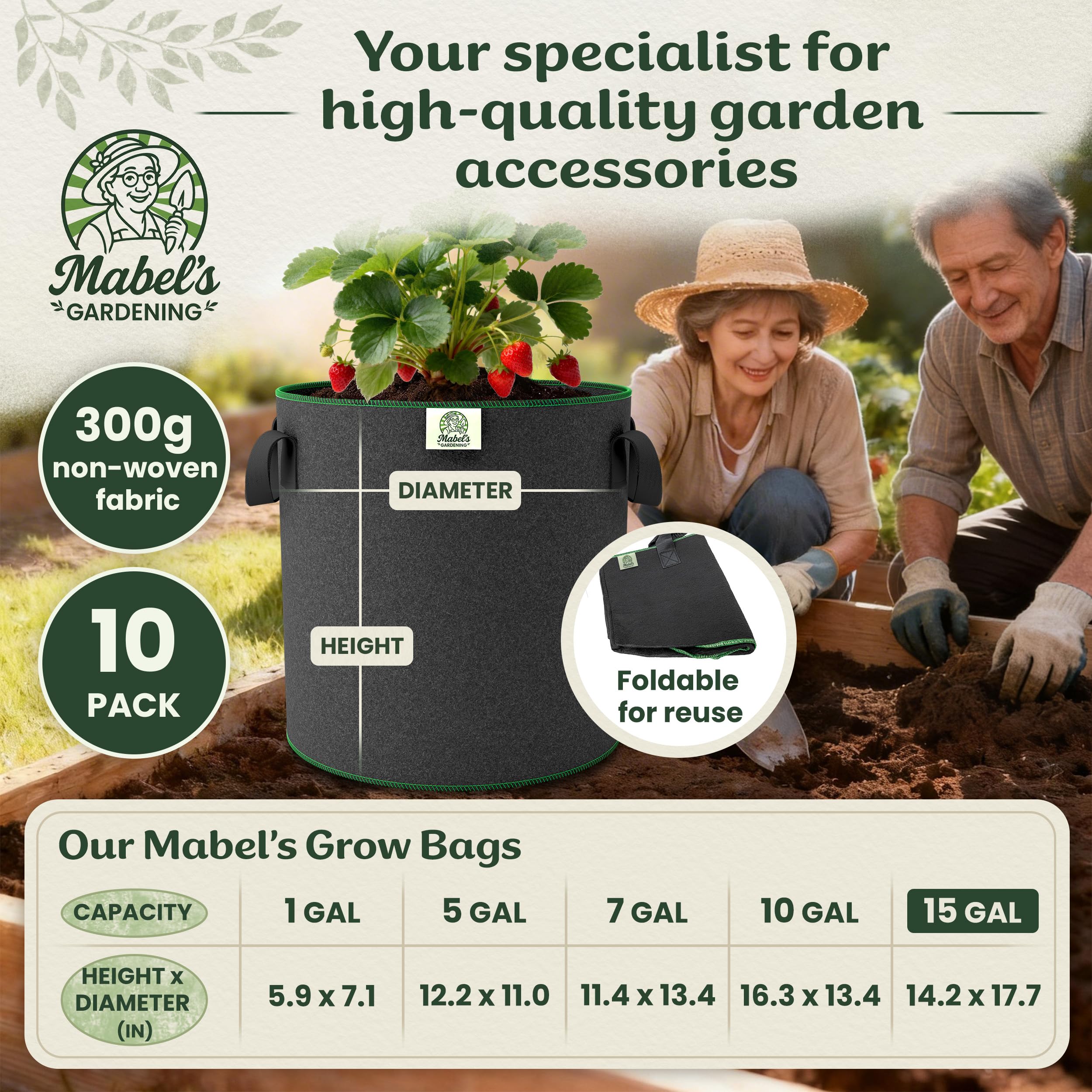 Mabel's Gardening - Confezione da 10 sacchetti per coltivazione da giardino da 300 g/m², in feltro e tessuto non tessuto, 45 x 35 cm, per zucca, patate, pomodori