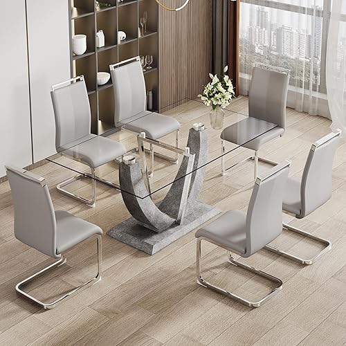 Juego de mesa de comedor de vidrio de 71 pulgadas para 6, mesa de comedor de vidrio moderno, tablero de vidrio templado de 0.39 pulgadas de grosor,