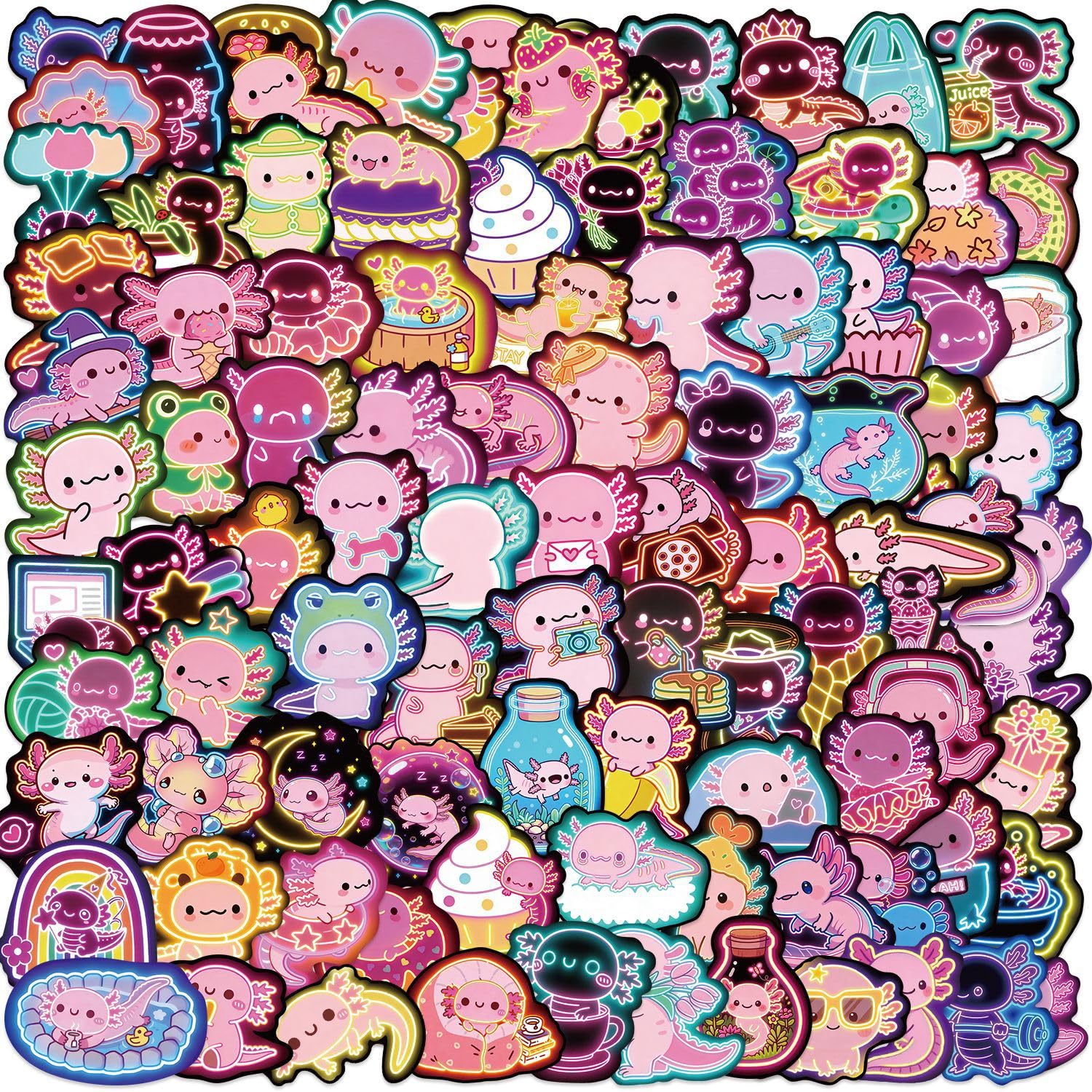 Neon Axolotl Cartoon Vinyl Stickers Waterproof Self-Adhesive Pack of 100