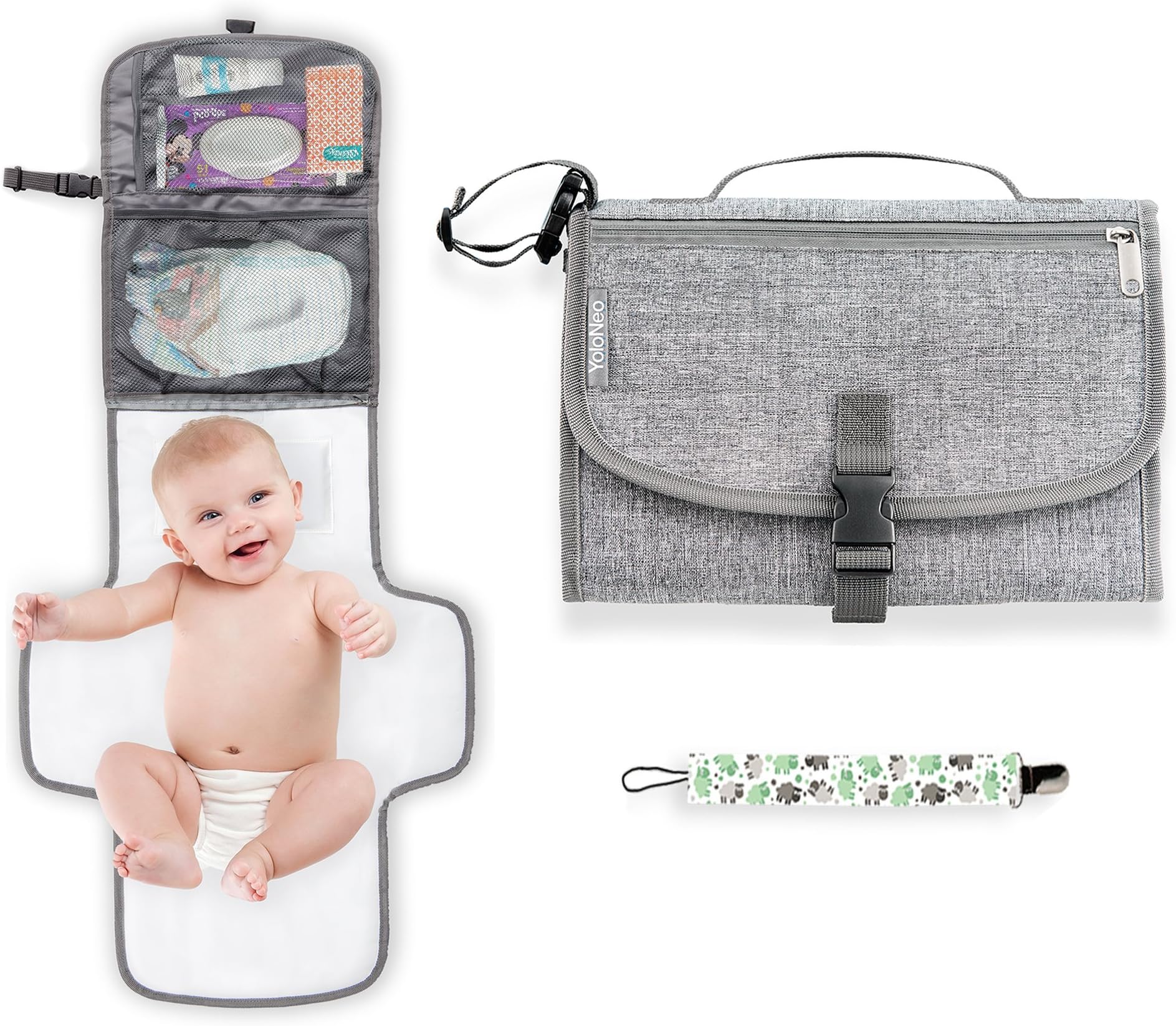 Portable Changing Pad | Diaper Clutch | Travel Changing Pad | Baby Shower | Lightweight Wipeable Detachable Mat Station Kit | Head Cushion and 3 Pockets | Bonus Pacifier Holder | Grey White