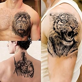 49 Sheets Tribal Black Temporary Tattoos For Women Men Adults Body Arm, Long Lasting Maori Wolf Tiger Lion Spartan Warrior Gladiator Fake Tattoo Stickers Gangster Rose Skull, Bulk Halloween Tattoos