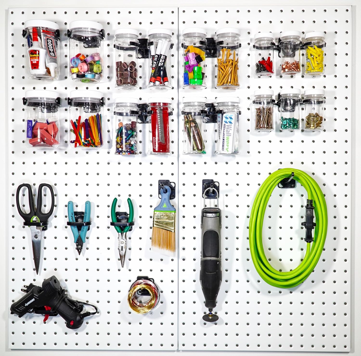 18-Piece Pegboard Storage and Organization Kit, Quick Install, Wall-Mounted Hooks, Tool Holders, and Jars with Lids for Crafts, Garage, Pantry, Home and Office