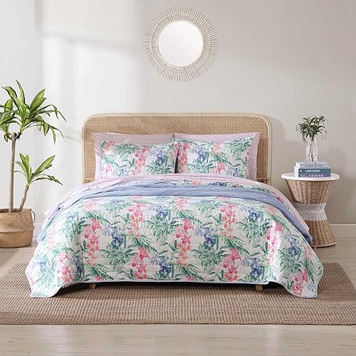 Tommy Bahama - Juego de edredón tamaño King, ropa de cama reversible de algodón con fundas a juego, colorida decoración botánica para el hogar