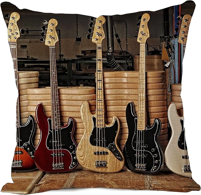 Gearsly Cushion Cover Bass Guitar Cotton Linen Throw Pillow Case Standard Square Decorative Home Sofa for Men Women 18x18Inch Pillow Cover 18x18Inch