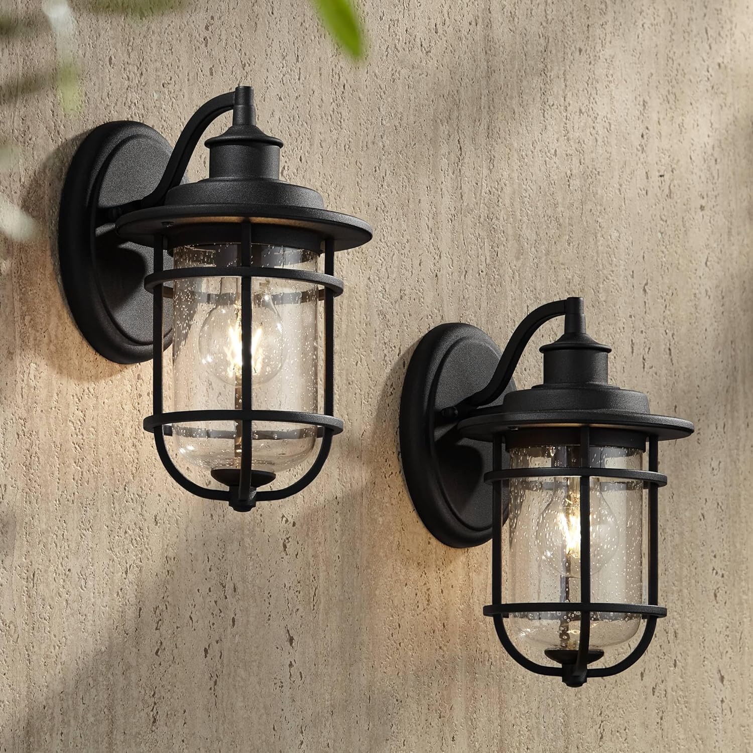 John Timberland Markham Modern Outdoor Wall Light Fixtures Set of 2 Textured Black 10 1/2" Lantern Clear Seedy Glass for Exterior House Porch Patio Outside Deck Garage Front Door Garden Home