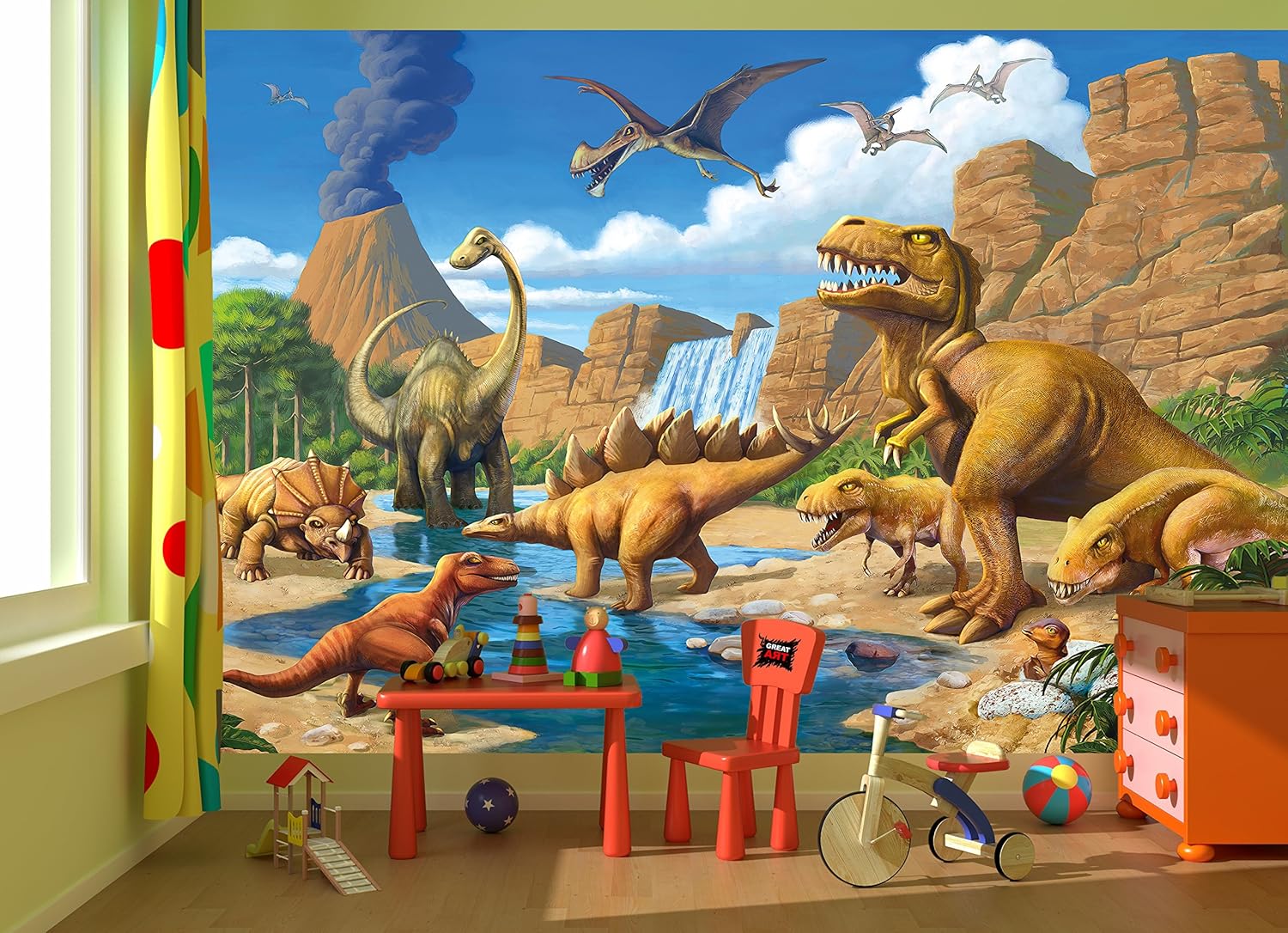 Flash Deals - 70% OFF Kid’s Room Nursery Large Photo Wallpaper – Dinosaur Adventure – Picture Decoration Dino World Comic Style Volcano Waterfall Image Decor Wall Mural (132.3x93.7in - 336x238cm)