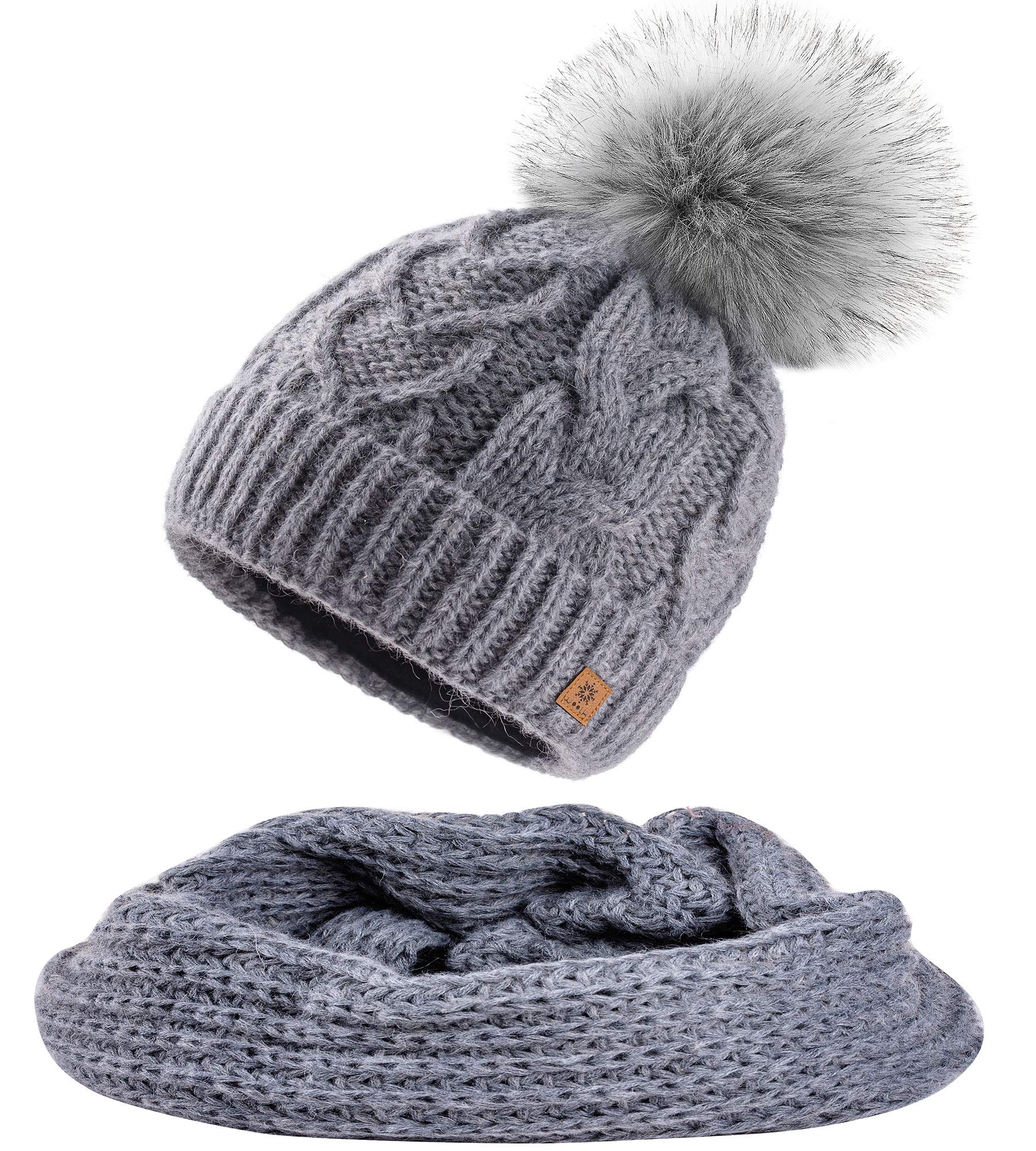Set Scarf & Hat Women Mohair Wool Winter Beanie Hat Worm Knitted Neck Hats Fleece Pom Pom MFAZ Morefaz Ltd (Grey Set Hat&Scarf)