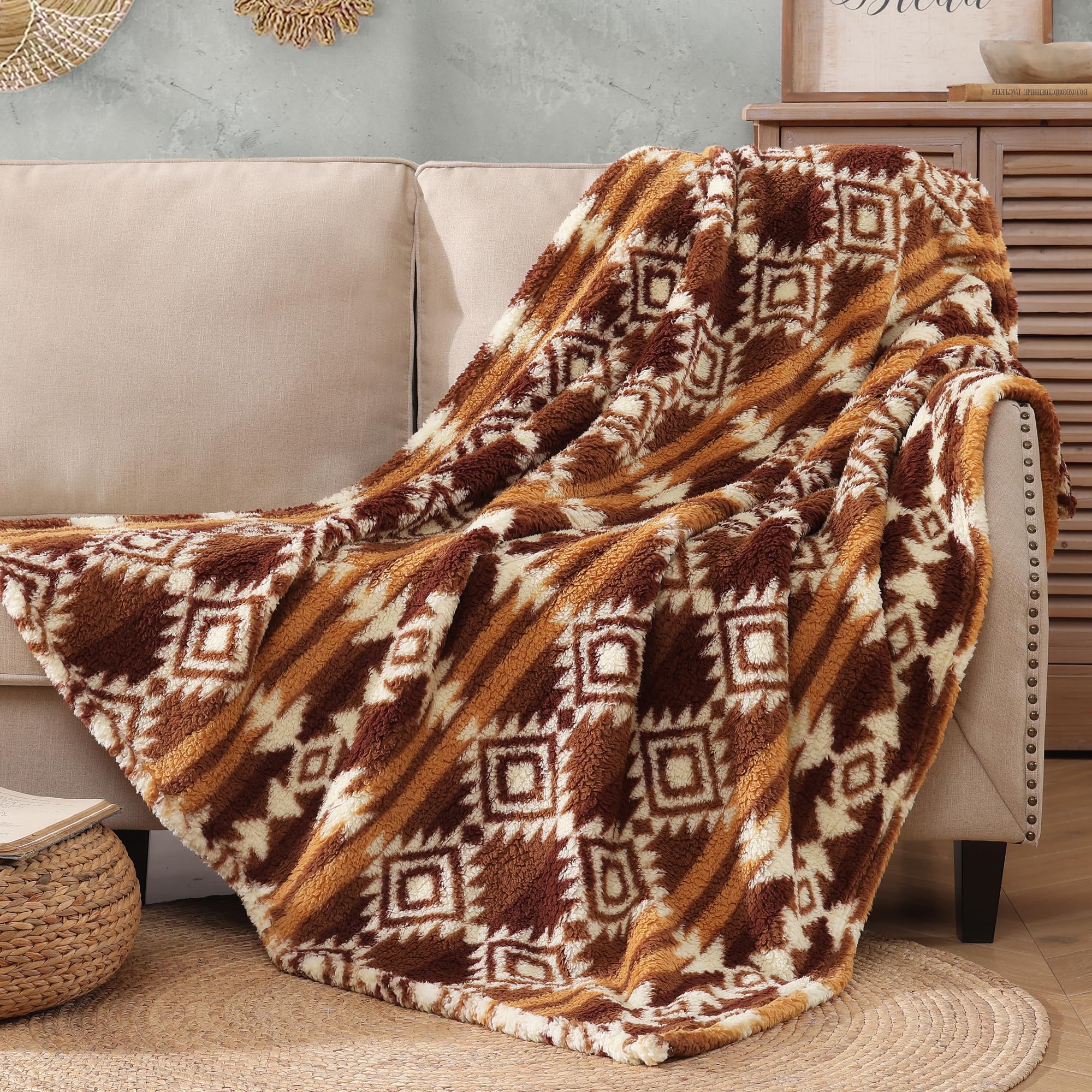CASAAGUSTO Boho Sherpa Throw Blanket, Aztec, Ultra Soft, Warm, Cozy, Plush, Thick Fleece Bohemian Throw Blanket for Couch, Bed, Sofa (Terracotta 50 * 60 Inch)