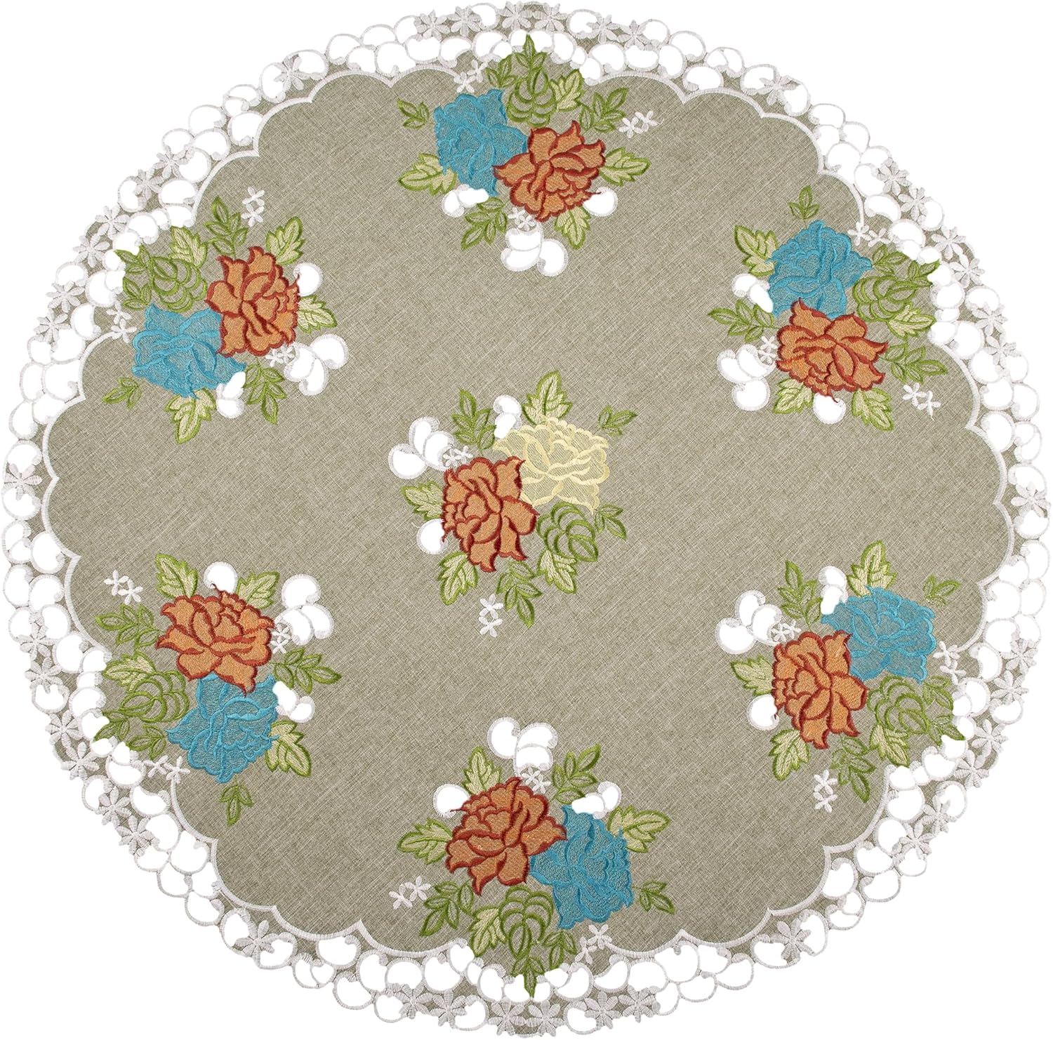 LINENS, ART AND THINGS Round Doily Embroidered Colorful Southwest Rose on Green Table Topper (23 Inch Round)