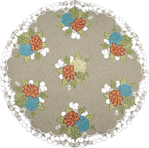 Miniatura 1 de Linens, Art and Things Bordado colorido rosa suroeste sobre mantel redondo verde, tapete, mantel (33 pulgadas redondo)