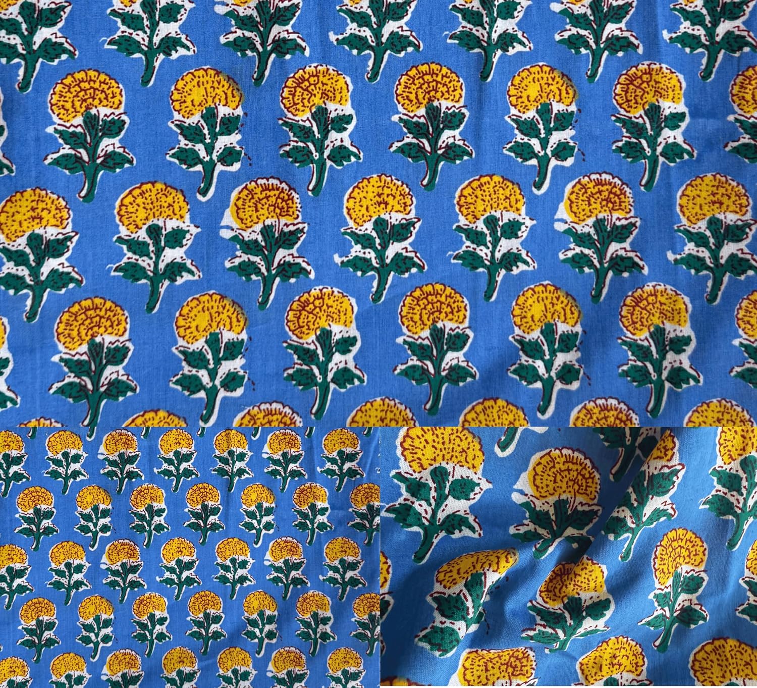 Indian Hand Block Print 60/60 Blue 100% Cotton Fabric by The Yard, Lightweight Floral Quilting & Sewing Fabric for Dressmaking, Upholstery & DIY Craft (TS-204 Blue, 5 Yard Pre Cut)