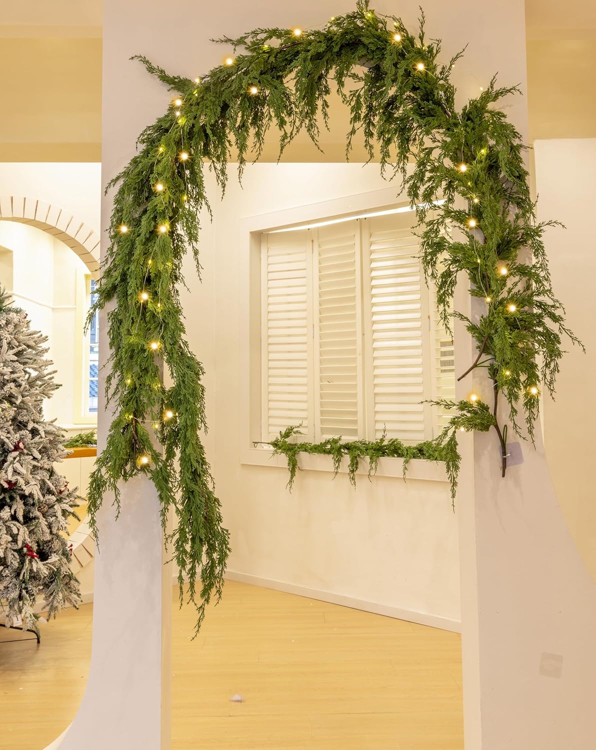 MISSPIN 6ft Christmas Garland with Lights, Real Touch Cedar Pine Garland, Green Artificial Greenery Garland for Table, Mantle, Wall, Indoor, Outdoor Christmas Decorations