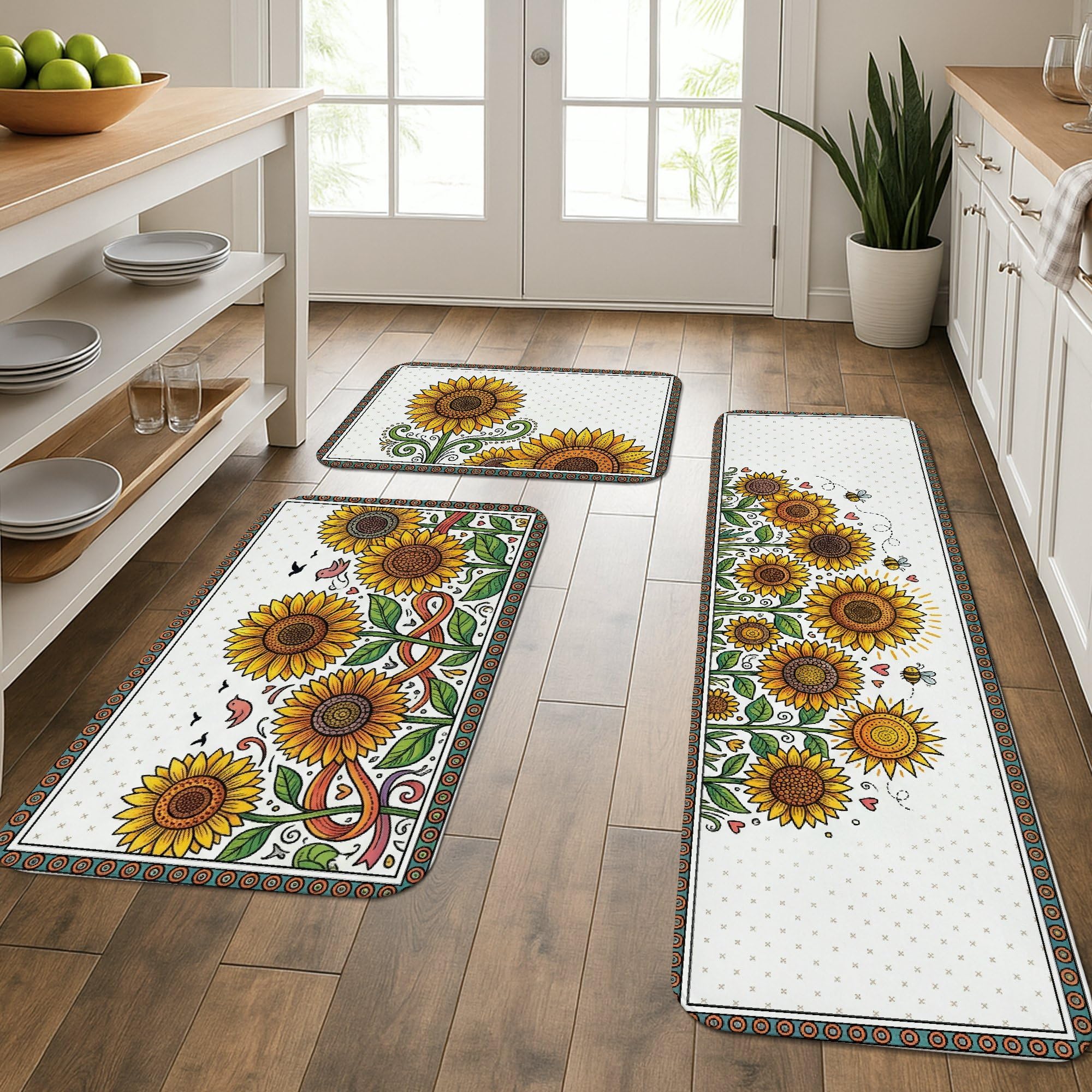 Tapis de cuisine tournesol lavables en lot de 3 pour décoration d'évier